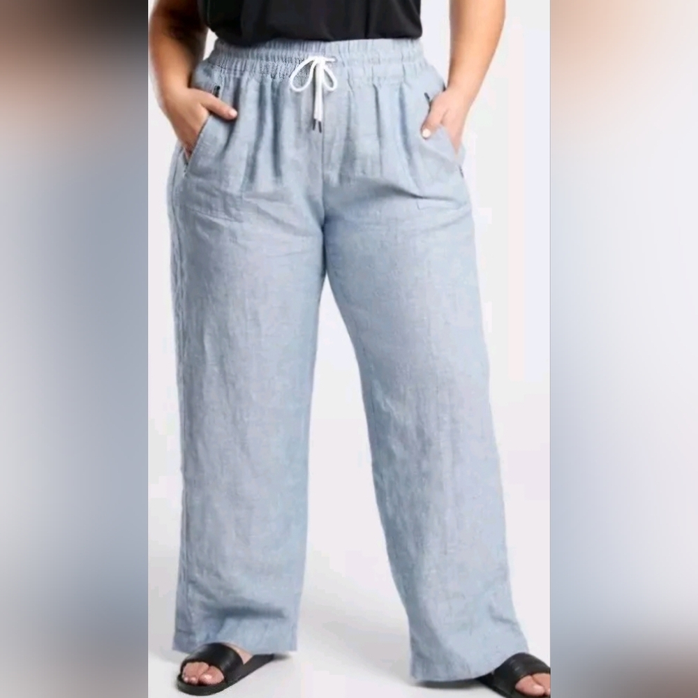 Athleta Cabo Linen Wide Leg Pants Women Size 18 Chambray Blue Drawstring Beach